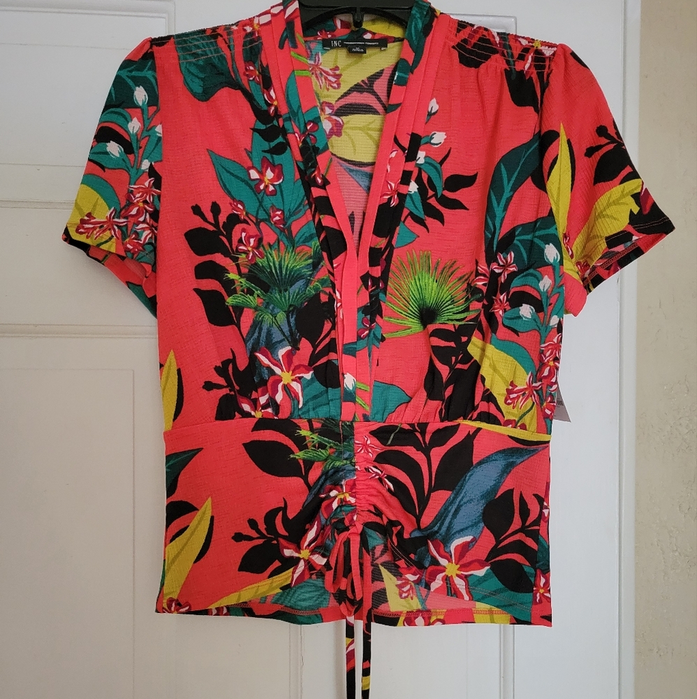 Tropical V-neck Drawstring Blouse INC